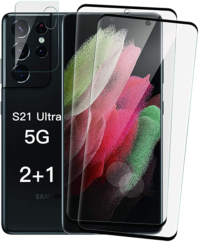 [2+2 Pack] Galaxy S21 Ultra Screen Protector with Camera Lens Protector, 9H Tempered Glass, Ultrasonic Fingerprint Support, 3D Curved, Scratch Resistant, Bubble-Free for Samsung S21 Ultra 5G Glass