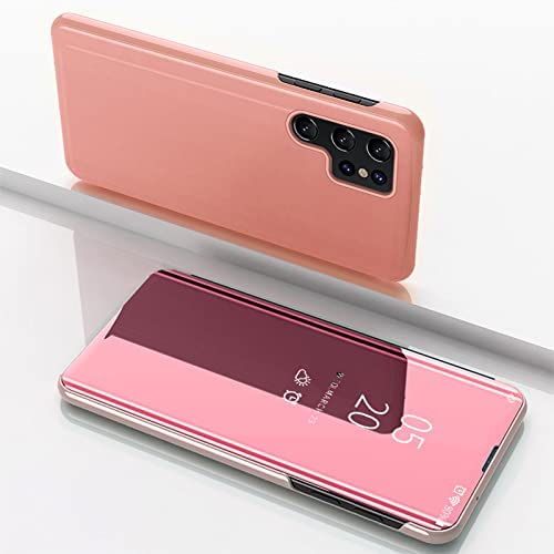 YSNZAQ Makeup Luxury Clear View Smart Window Screen Display Mirror Business Case with Flip Kickstand Shockproof Wireless Charging Phone Cover for Samsung Galaxy S22 Ultra 5G (Not S22) JM Rose Gold