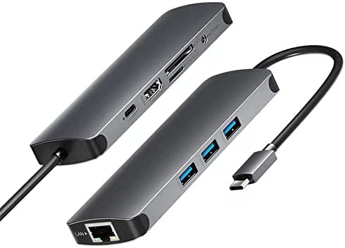 USB3.0 Hub Extender 9-in-1 has 3 USB3.0 Ports, Gigabit Ethernet Ports, 13.5 mm Audio Ports, and a 4K HDMISD/TF Card Reader.