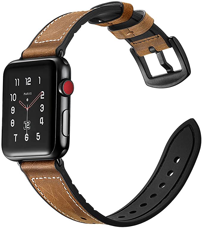 Compatible with Apple Watc Leather Band, Hybrid Leather Silicone Watch Strap Loop for Apple Smart Watch Series 4 Series 1 2 3 Edition Nike+ Cuff Bracelet Sports Band
