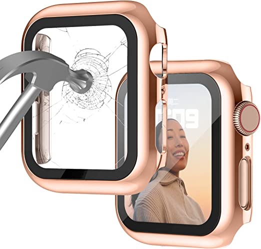 Apple Watch Case for Apple Watch 45mm Series 7 with Built-in Tempered Glass Screen Protector, All-Around Ultra-Thin Bumper Full Cover Hard PC Protective Case for iWatch, Rose Gold