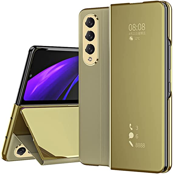 SHIEID Galaxy Z Fold 3 5G Mirror Case, Z Fold 3 Mirror Cover Cases with Kickstand Folio Flip PU Leather Shockproof Phone Case Compatible with Samsung Galaxy Z Fold 3 5G, Gold