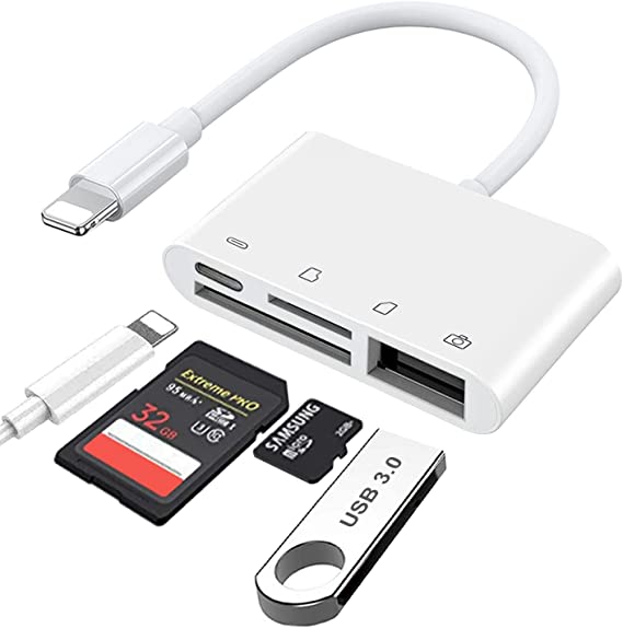 SD Card Reader for iPhone iPad, 4-in-1 SD/TF Card Adapter USB 3.0 Female OTG Adapter, Trail Game Camera SD Card Reader Plug and Play