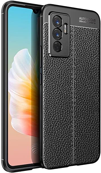 For Vivo V23e, Original Leather Pattern Back Case Cover Carbon Fiber Litchi Shockproof From CompuMisr - Black