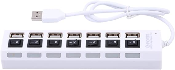 Enterest 4 Port and 7 Port USB 2.0 Hub High Speed 1.97feet USB Data Cable Each USB Port LED Design 5V Power Portable Data Hub Lightweight Strip Design USB Charging Hub (7 Port, White)