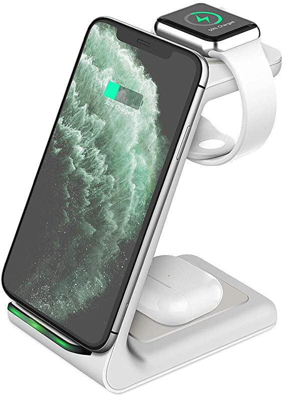 Wireless Charging Station, KKUYI 3 in 1 Wireless Charger Stand for AirPods Pro Apple Watch, Wireless Charging Dock Compatible with iPhone 11/11 Pro/XR/Xs Max/X/8/8P, Galaxy Note10/S10/S9, White