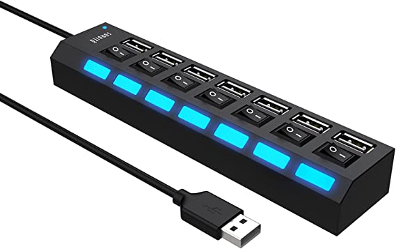 sunvito 7-Port USB 2.0 Hub with Individual Switches and LEDs, USB Hub 2.0 Splitter for All USB Device