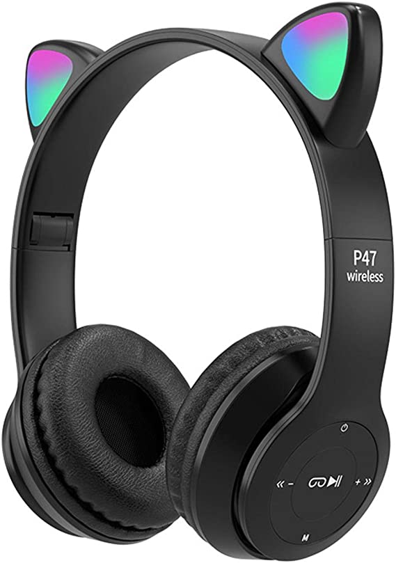 QOTSTEOS Children's Headphones Bluetooth, Cat Ears Headphones Over Ear with LED Light, Girls Cat Ear Headphones Over-Ear with LED Light, Foldable Stereo Headphones Wireless (Black)