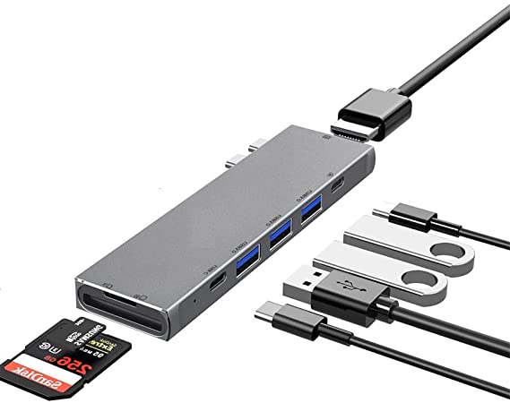 Keendex KX 2459 TYPE-C Hub 8 in 1 (HDMI - Card Reader Micro/SD - 3× Usb3.0 -2× PD Type-C Charger ) - Gray
