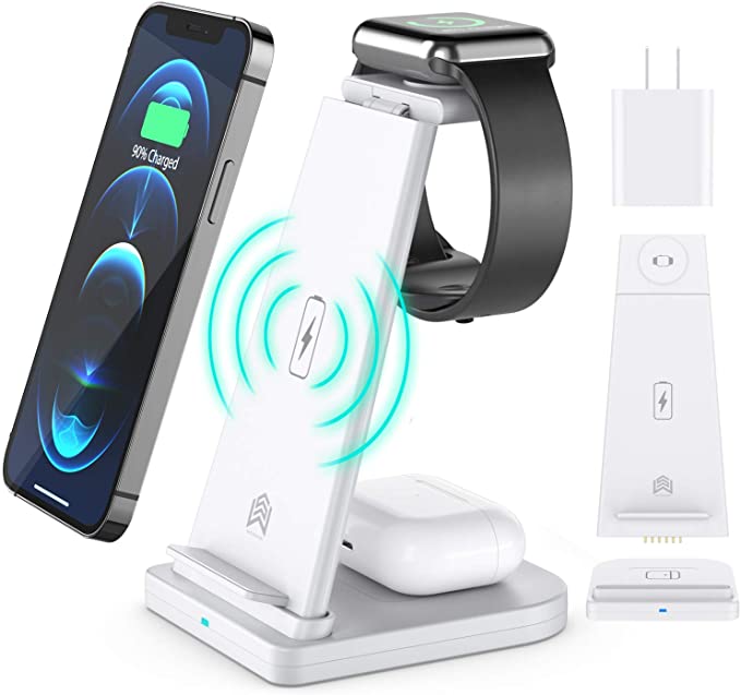 Detachable Wireless Charger, 3 in 1 Wireless Charger Stand,Qi-Certificated 15W Fast Wireless Charging Station for iPhone 11/11pro/X/XS/XR/Xs Max/8/8 Plus,Apple Watch 6/SE/5/4/3/2,AirPods Pro