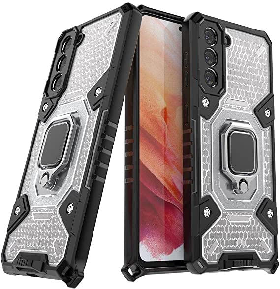 كفر لجهاز Samsung Galaxy S21 جراب الحماية المتكامل ايرون مان ضد الصدمات - من GrabologyStore - ظهر شفاف خلية نحل حواف سوداء مع حلقة مسند وحبل تعليقة للموبيل