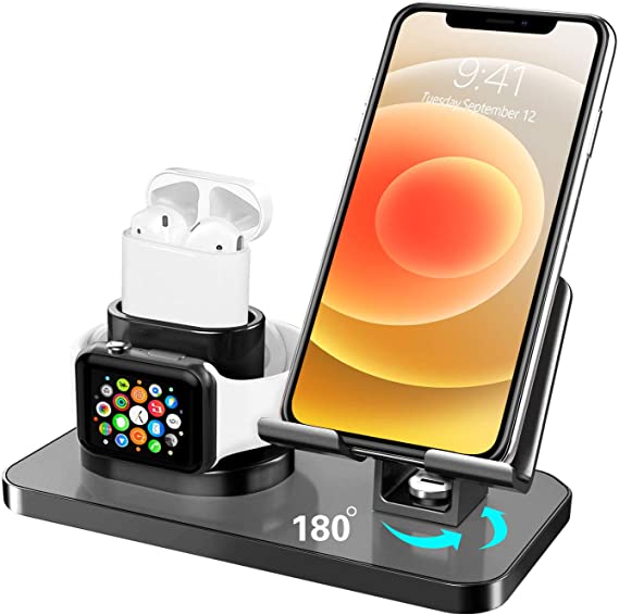 BENTOBEN 3 in 1 Charging Stand for Apple Watch Series 5/4/3/2/1, Airpods 2/1, Compatible with iPhone 12 Pro 2020 11 SE2 XS MAX XR XS 8 7 6 6s Plus 5s, iPad Tablet Stand(Original Cables Required),Black