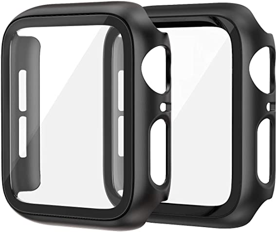 EDIMENS 2 Pack Hard PC Case Compatible with Apple Watch Series 6 / SE / 5 / 4 44mm Women Men, Overall PC Case Slim Tempered Glass Screen Protector Protective Cover for Apple iWatch 44mm SE Black