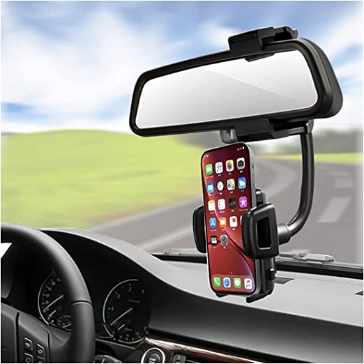 Car Phone Holder Mount for Rearview Mirror, Multifunctional Rotatable and Retractable Cell Phone Holder, 360° Rotation Adjustment Mobile Phone Stand Cradle for All Mobiles & Vehicles