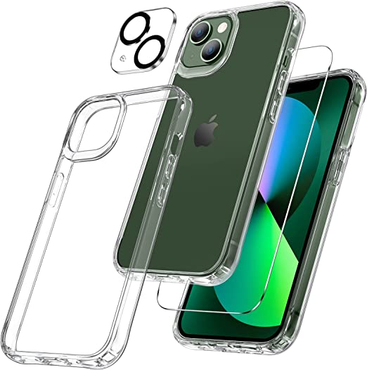 Maxdara [3 in 1] for iPhone 13 Case Clear, with Tempered Glass Screen Protectors + Camera Lens Protectors Slim Thin Shockproof Case for iPhone 13 6.1 Inch