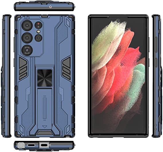 لهاتف Samsung Galaxy S22 Ultra جراب ايرونمان خلفي أصلي مقاوم للصدمات مع مسند للظهر من GrabologyStore - أزرق