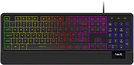 havit Wired USB Computer Keyboard, Quiet LED Backlit Rainbow Keyboards Ergonomic Design with Wrist Rest for Office PC Desktop Laptop, 105 Keys UK Layout