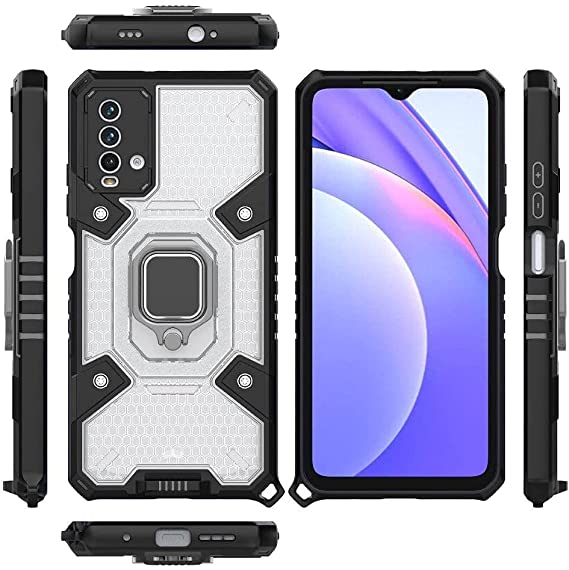 Case for Xiaomi Redmi Note 9 4G - Original New All-in-One Case from GrabMobily Dual Protection Shockproof Case - With Back Kickstand, Ring Hand Holder And Short Lanyard - Transparent & Black