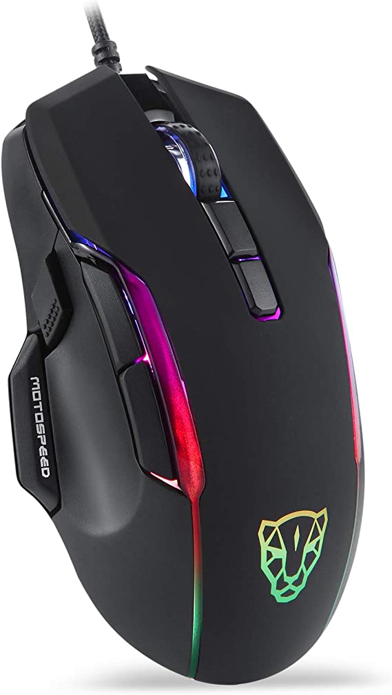 Motospeed USB Wired Gaming Mouse,400 to 6400 DPI 6400 Optical Sensor,Chorma RGB Backlit,9 Programmable Buttons，Ergonomic PC Gaming Mouse for Laptop, PC, Mac(Black)