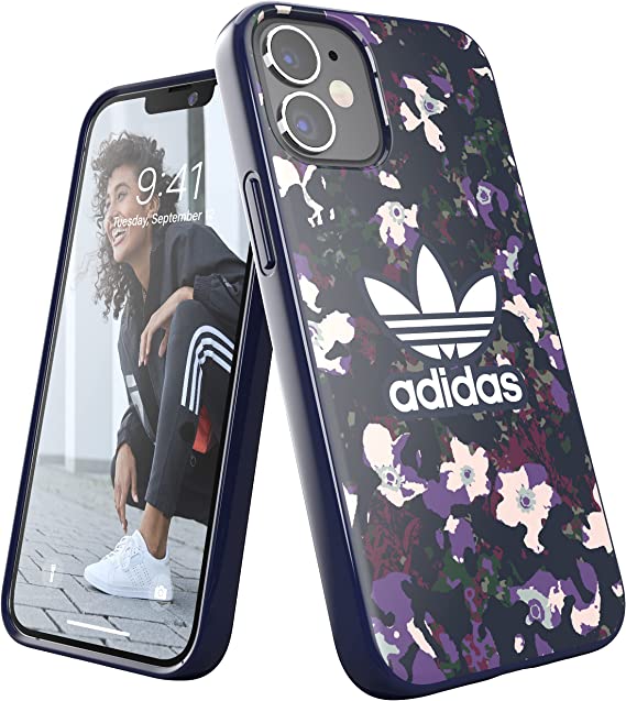 adidas Case Designed for iPhone 12 Mini 5.4, Drop d Cases, Shockproof Raised Edges, Original Snap Case Protective Case, Flowers/Purple/Navy