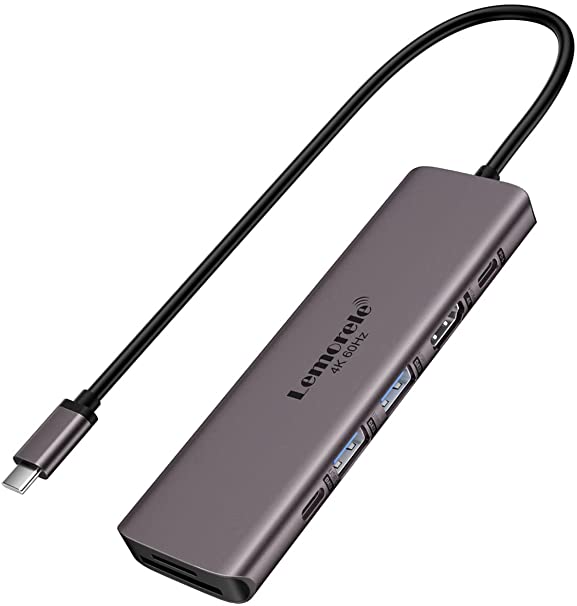 USB C Hub Adapter - Lemorele 7-in-1 USB-C Multiport Hub with 4K 60Hz HDMI, 100W PD, SD/TF 3.0 Card Slots, 2 USB 3.0 & USB C 3.0 5Gbps Data Port for MacBook Pro/Air M1, iPad Pro/Air/Mini, Surface, XPS