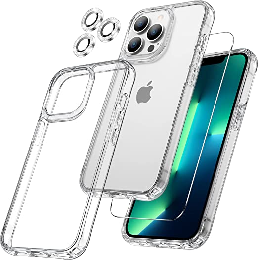 Maxdara [3 in 1] for iPhone 13 Pro Clear Case, with Glitter Camera Lens Protectors + Tempered Glass Screen Protectors Slim Thin Shockproof Case for iPhone 13 Pro 6.1 Inch