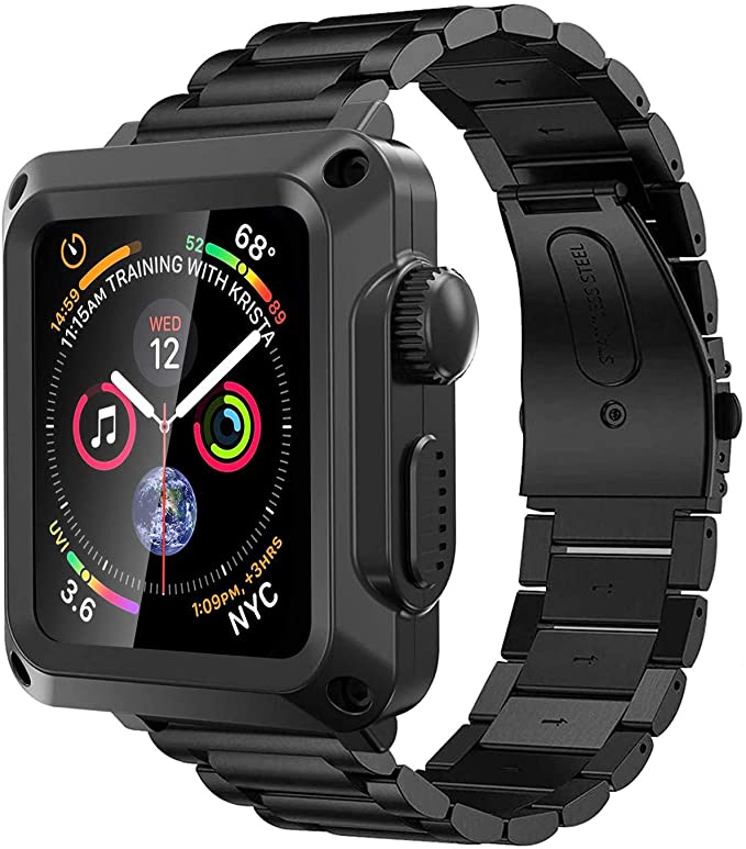 Heavy Duty Case with Band for Apple Watch 44mm 40mm 42mm 38mm Stainless Steel Strap Men's Metal Rugged Case for iwatch Series 6 SE 5 4 3 2 1 Screen Protector Fully Protective Cover Watch Accessories