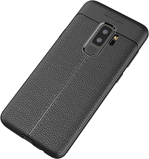 Samsung Galaxy S9 Plus, Original New cover - Shockproof Leather Pattern Back Case Cover Carbon Fiber Brushed - Slip-Resistant - Premium quality Case From GrabMobily - Black