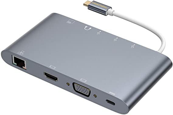 USB Type C Hub, CableCreation 10 in 1 USB C Thunderbolt 3 Dock to HDMI, VGA, Ethernet, 3 USB 3.0 Port, 3.5mm Audio, SD/Micro SD Card Reader and USB-C 60W PD Compatible with MacBook Pro/Air 2020, 2018