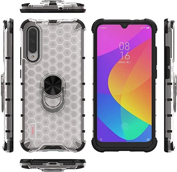 Cover For Xiaomi Mi A3 / CC9E Case Iron Man Backrest Ring Beehive Shockproof Transparent White Back Black Edges