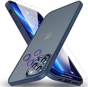 [3 in 1] Kanosan Compatible for iPhone 13 Pro Max Case, Tempered Glass Screen Protector & Colorful Individual Camera Protector,[Military Grade Drop Protection] Shockproof Case Matte Blue