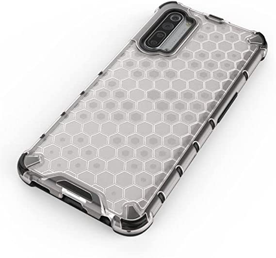 Oppo Reno 3 - غطاء عالي الجودة من GrabMobily - غطاء Iron Man ضد الصدمات - جراب مقاوم للصدمات - حواف سوداء خلفية خلية النحل الشفافة