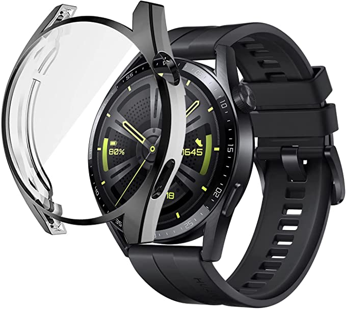 [2 Pack] METEQI TPU Protector Case Cover Compatible with Huawei Watch GT3 46mm (46mm, Black+Clear)