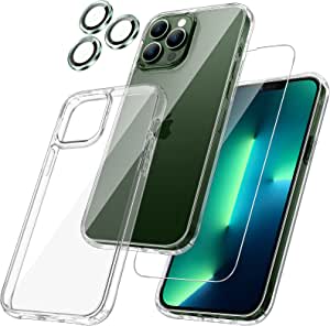 [3 in 1] VEGO for 13 Pro Max Case, Clear Case + Ultra-HD 9H Tempered Glass [Metal Ring Camera Lens Protector + Front Screen Protector] with Military Full Body Drop Protection (Clear+Alpine Green)