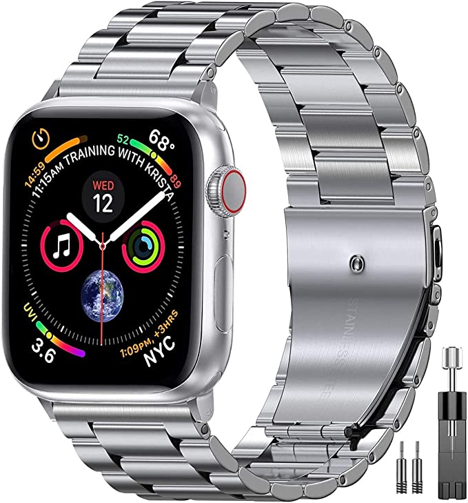 Stainless Steel Metal Band Compatible With Apple Watch Replacement Link Band For Series 6/SE/5/4/3/2/1 (42mm/44mm) (SILVER)