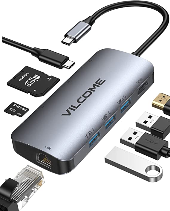 vilcome USB C Hub Adapter, 8-in-1 USB C Adapter,with 4K USB C to HDMI,SD/TF Card Reader and Ethernet,3 USB 3.0 Ports,87W Power Delivery,for MacBook Pro, iPad Pro 2019/2018, Pixelbook, XPS, and More