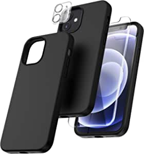 TOCOL [3 in 1] Designed for iPhone 12 Case & iPhone 12 Pro Case, with 2 Pack Screen Protector + 1 Pack Camera Lens Protector, Liquid Silicone Shockproof Cover [Anti-Scratch] [Drop Protection], Black