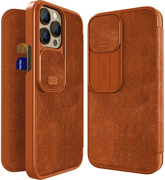Compatible with Apple iPhone 13 Pro Case (6.1"-inch), Flip Leather Cover Card Slot with Slide Camera Cover,Slim Protective Case (Brown)