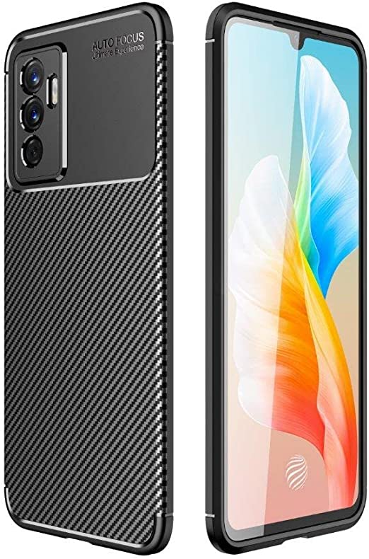 لهاتف Vivo V23e, جراب مقاوم للصدمات بتصميم من ألياف الكربون واقٍ من الصدمات من السيليكون الناعم النحيف من GrabologyStore - أسود