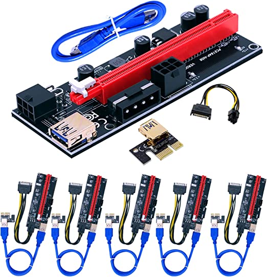 PCI-E Riser 009S GPU Riser Adapter 16X Extender PCI-E Express Riser Cable for Bitcoin Litecoin ETH Coin Mining - 6 Pack