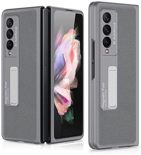 PUROOM for Samsung Galaxy Z Fold 3 Case Luxury Leather Hybrid PC Cover Built-in Magnetic Kickstand All-Inclusive Shockproof Case for Samsung Galaxy Z Fold 3 5G 2021 (Gray)