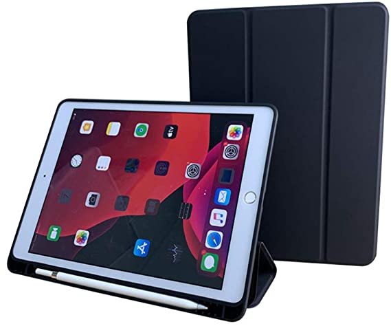 GEEAN Soft Silicone Smart Case with Pencil Holder Foldable Stand Compatible with iPad Pro 11 Inch 2020 (2nd Generation) (Black)