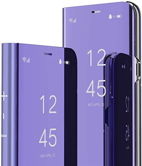 MEIKONST Galaxy A22 4G Case,PU Mirror Flip Ultra Slim Cover Scratchproof Electroplate Clear View Window with Kickstand Full Body Protective Cover for Samsung Galaxy A22 4G,QH Mirror Purple