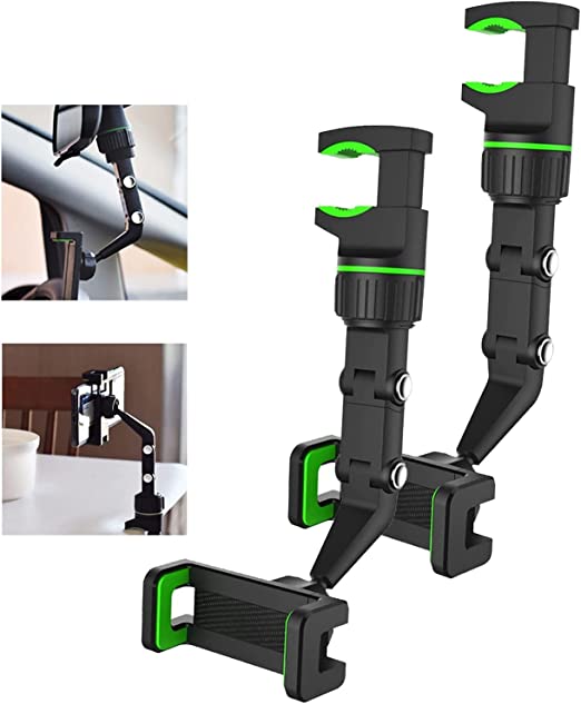 360°Rearview Mirror Phone Holder for Car,Multifunctional Phone Mount and GPS Holder Universal Adjustable Rotating Car Phone Holder(2Pcs Green)