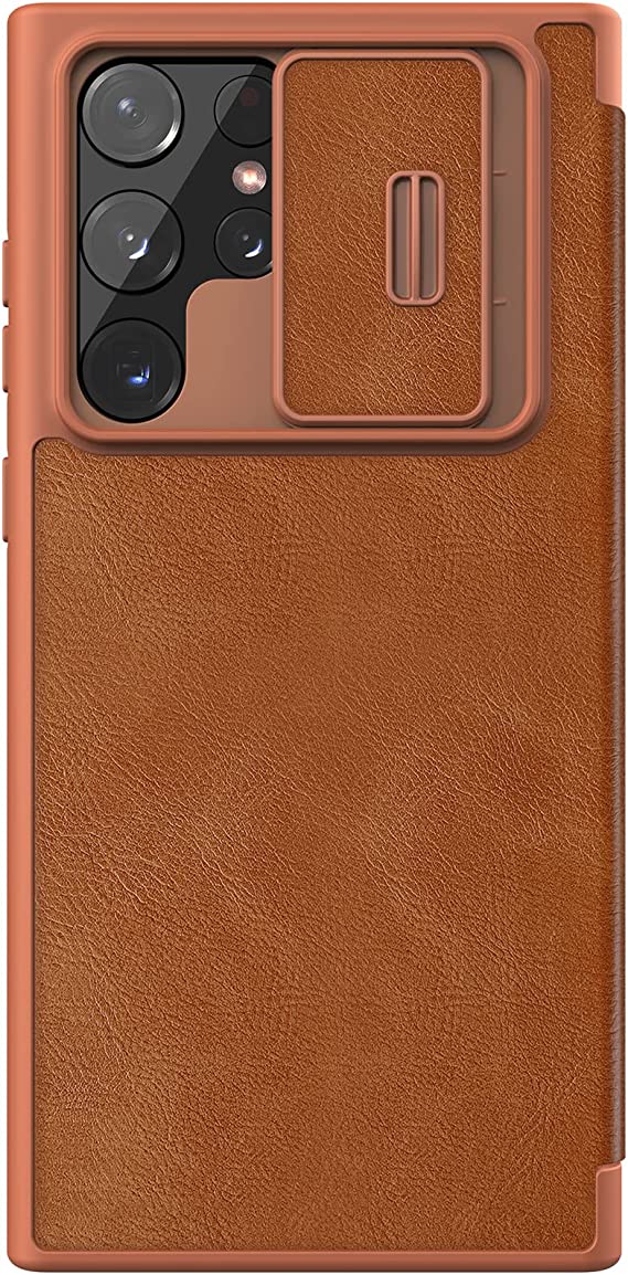 Nillkin Case for Samsung Galaxy S22 Ultra (6.8" Inch) Qin Pro Camshield Camera Slider Genuine Classic Leather Flip Folio + Card Slot Brown Color