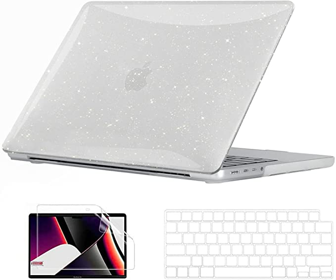 EooCoo Glitter Clear Hard Case for 2021 Newest MacBook Pro 14 inch A2442 M1 Pro Chip, Hard Case with Keyboard Cover, Screen Protector, Sparkly Clear