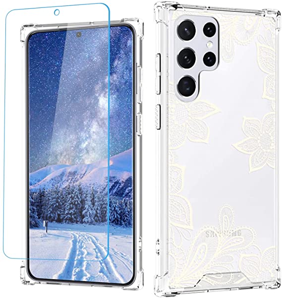 Wlxee Girly Phone Case Clear with White Flowers Print for Samsung Galaxy S22 Ultra Clear Case Light Slim Soft TPU Galaxy S22 Ultra Case with Screen Protector PC Transparent S22 Ultra Case for Ladies