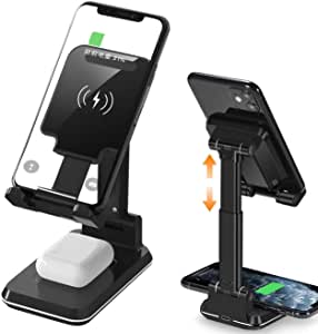 2 in 1 Wireless Charger, Dual Wireless Charging Desk Phone Stand, 15W Qi Fast Charger Desktop Phone Stand Lazy Phone Stand Compatible with iPhone 12/12Pro/11Pro/XR/X, Samsung S10/S9/S8/Note10/Note9