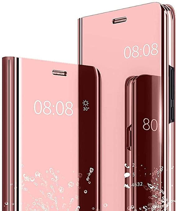 Ysnzaq Phone Case for Samsung Galaxy A22 4G (Not fit A22 5G),Smooth Clear View Smart Display Mirror Case with Flip Kickstand Shockproof Cover for Samsung Galaxy A22 4G QH Rose Golden