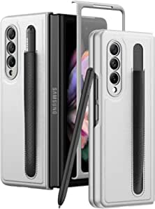 VEGO for Galaxy Z Fold 3 Case with S Pen Holder, Z Fold 3 Leather Case with S-Pen Pocket, Full-Body Protective Case with Front Screen Protector for Samsung Galaxy Z Fold 3 5G (2021) - Silver
